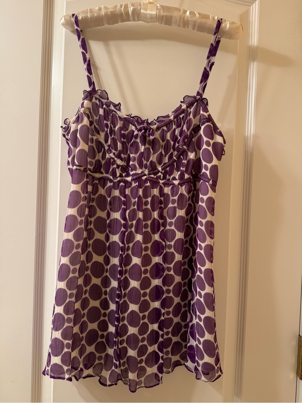 INC Spaghetti Strap White Top With Purple Polka Dots
